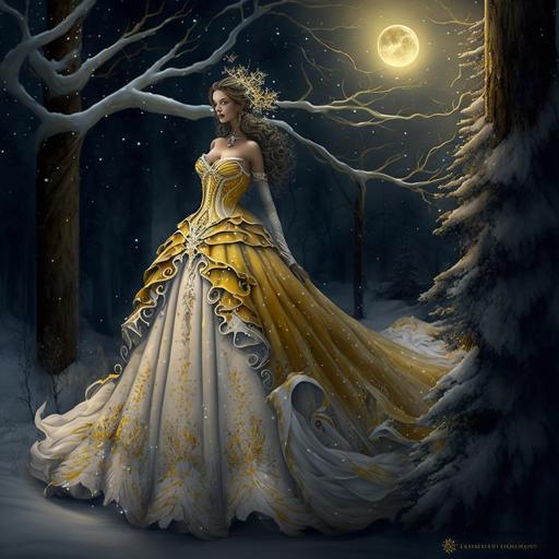 portrait of a beautiful and elaborate Christmas inspired gown, yellow, white, gold, stars, Christmas, snow, Christmas tree, Winter, gothic, mannequin, HDR, 3D, photo realism, branches, cinematic lighting, portrait, fantasy art, gown, forest, waterfall, trees, nighttime, full moon --v 4