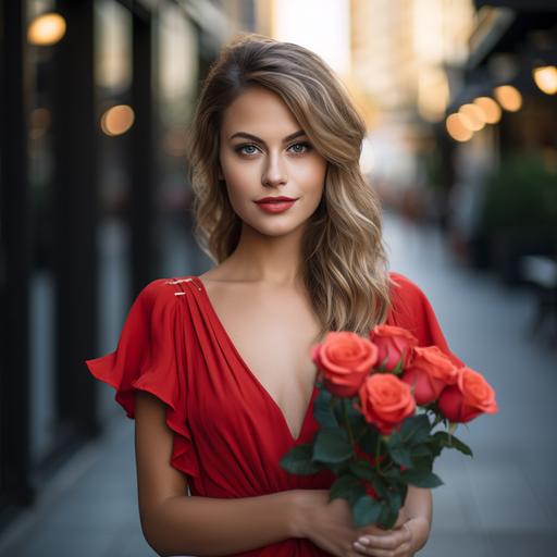 portrait of a beautiful women with big blue eyes, dressed in a red dress, holding white roses, photo realistic, shot with Sony A7iii and 85mm f1.4 , add a street style bokeh
