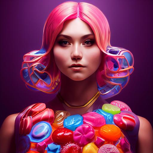 portrait of a candy superhero wearing a costume that looks like candy and sweets, well composed beautiful high quality fantasy art by Artgerm and Ilya kuvshinov and Alphonse mucha 4k octane render unreal engine --test --creative --upbeta