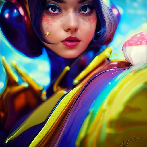 portrait of a candy superhero wearing a costume that looks like candy and sweets, well composed beautiful high quality fantasy art by Artgerm and Ilya kuvshinov and Alphonse mucha 4k octane render unreal engine --test --creative --upbeta