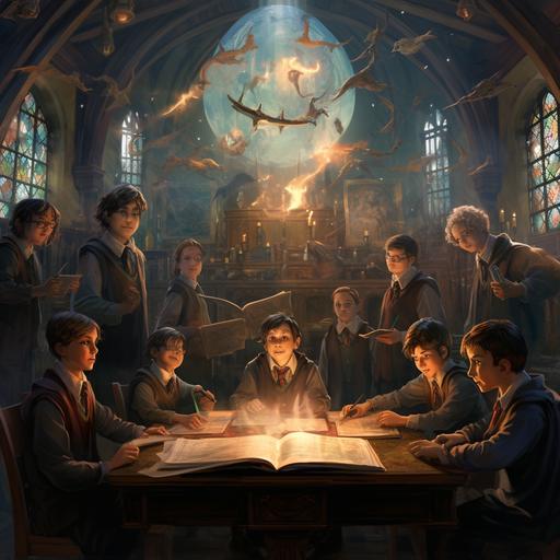 portrait of a classy classroom in a magic school, big table, Hogwart- esque, fantasy