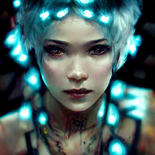 portrait of a cyberpunk cyborg goddess with short silver hair, glowing neon blue eyes, glittering pearly skin, beautiful body, gorgeous face, with metallic holographic angel wings, wearing a long, flowy, black lace glitter dress, floating in the sky, beautiful composition, HD, photorealistic, psychedelic colors, full body view, background Birds Eye view of a busy cyberpunk city, colorful skyscrapers, city lights in the distance, raining, photorealistic water droplets, glistening lights, cinematic lighting, photorealistic , neon lights, cyberpunk, sci-fi