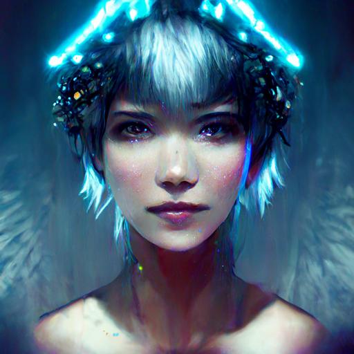 portrait of a cyberpunk cyborg goddess with short silver hair, glowing neon blue eyes, glittering pearly skin, beautiful body, gorgeous face, with metallic holographic angel wings, wearing a long, flowy, black lace glitter dress, floating in the sky, beautiful composition, HD, photorealistic, psychedelic colors, full body view, background Birds Eye view of a busy cyberpunk city, colorful skyscrapers, city lights in the distance, raining, photorealistic water droplets, glistening lights, cinematic lighting, photorealistic , neon lights, cyberpunk, sci-fi