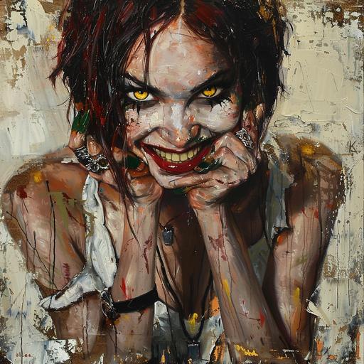 portrait of a devil woman with the joker smile. Big yellow eyes. Black neckless. Dark green nails. Silver rings on her hands. Red short hair. White V neck tshirt with mud stains. Oil paiting. Gilgamesh.