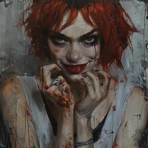 portrait of a devil woman with the joker smile. Big eyes. Black neckless. Dark fingertips nails. Silver rings on her hands. Red short hair. White V neck tshirt with mud stains. Oil paiting. Gilgamesh.