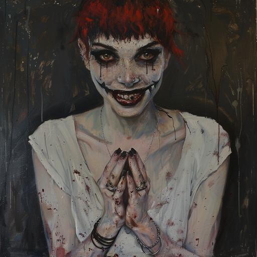 portrait of a devil woman with the joker smile. Big eyes. Black neckless. Dark fingertips nails. Silver rings on her hands. Red short hair. White V neck tshirt with mud stains. Oil paiting. Gilgamesh.