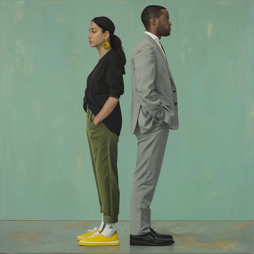 portrait of a female in a black shirt, green trousers and yellow sneakers, full length portrait, standing back to back with a serious looking black male in a light grey suit, white shirt, black shoes, plain light blue background