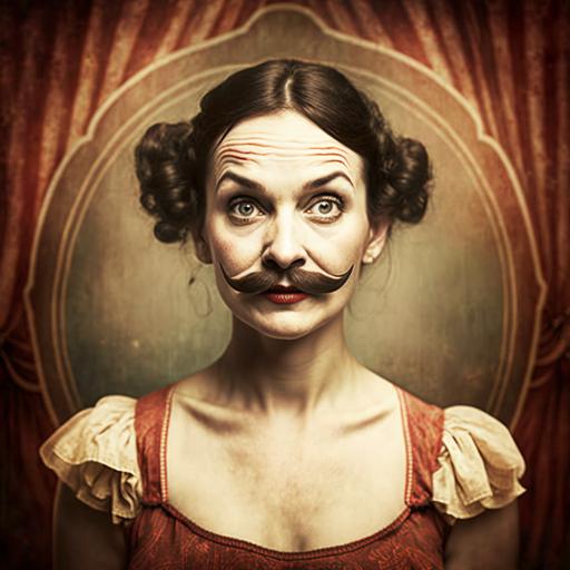 portrait of a freaky girl with mustach in a old freakshow