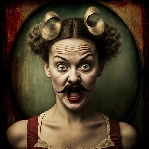 portrait of a freaky girl with mustach in a old freakshow