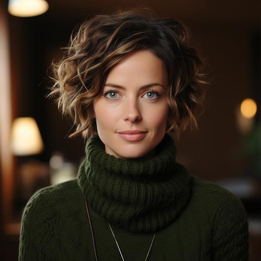 portrait of a gender neutral person, green colored turtleneck sweater, 49yo, brown short hair --s 750 --style raw