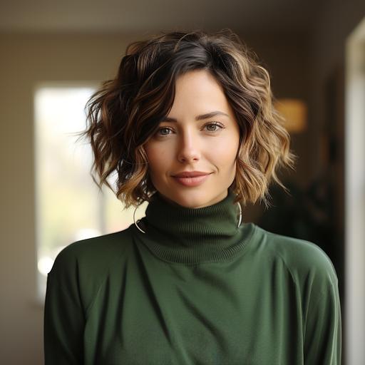 portrait of a gender neutral person, green colored turtleneck sweater, 49yo, brown short hair --s 750 --style raw