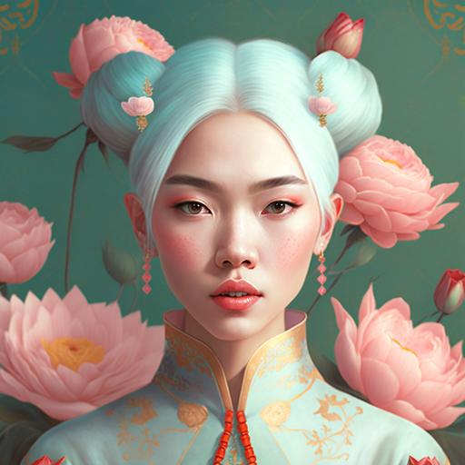portrait of a girl with Blackpink's Rose face in Vietnamese traditional costume since 1500s on Vogue cover, beautiful, pastel blue hair, lotus golden ornaments, have eye mole, pastel pink lipstick, white long dress, holding a lotus flower boutquet, looking at viewer directly, inspired by Wlop style