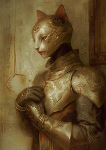 portrait of a gold metal robot cat vampire by Gaston La Touche --sref   --v 6.0 --ar 5:7