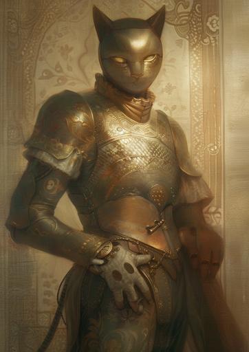 portrait of a gold metal robot cat vampire by Gaston La Touche --sref   --v 6.0 --ar 5:7