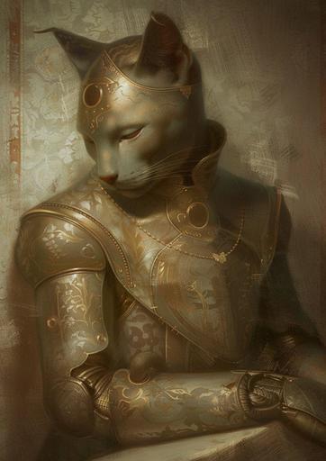 portrait of a gold metal robot cat vampire by Gaston La Touche --sref   --v 6.0 --ar 5:7