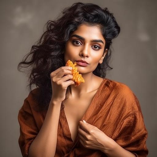 portrait of a gorgeous indian model eating chicken leg piece --s 750 --v 5