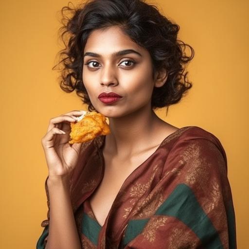 portrait of a gorgeous indian model eating chicken leg piece --s 750 --v 5