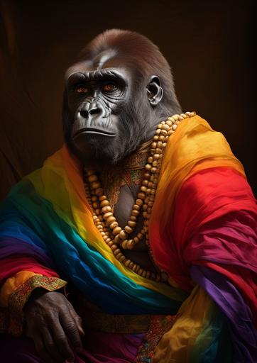 portrait of a gorilla, in the style of a renaissance painting, wearing human clothing, dressed as a peasant from the 19th century in rainbow LGBT colours, gorilla head on a human body --ar 357:500