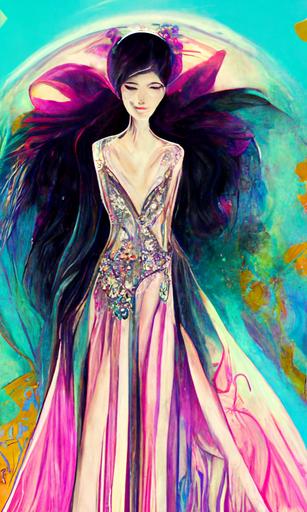 portrait of a lady in a gorgeous diaphanous gown by yoji yamamoto, heaven gaia, zuhair murad, fashion illustration, smiling model, pastel background with intricate and vibrant iridescent line work, fairy angel crystal Tarot card, rainbow iridescent pastel colors, pink and purple and golden crystals, trending on Artstation   Incredible  bBlack and iridescent gothic illustration --tarot --uplight