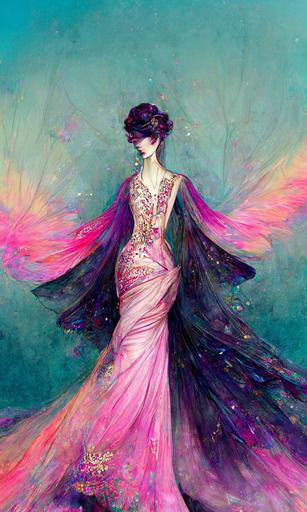portrait of a lady in a gorgeous diaphanous gown by yoji yamamoto, heaven gaia, zuhair murad, fashion illustration, smiling model, pastel background with intricate and vibrant iridescent line work, fairy angel crystal Tarot card, rainbow iridescent pastel colors, pink and purple and golden crystals, trending on Artstation   Incredible  bBlack and iridescent gothic illustration --tarot