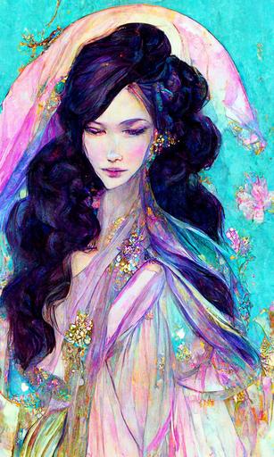 portrait of a lady in a gorgeous diaphanous gown by yoji yamamoto, heaven gaia, zuhair murad, fashion illustration, smiling model, pastel background with intricate and vibrant iridescent line work, fairy angel crystal Tarot card, rainbow iridescent pastel colors, pink and purple and golden crystals, trending on Artstation   Incredible  bBlack and iridescent gothic illustration --tarot