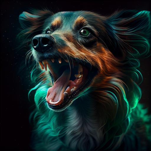 portrait of a mangy dog growling and showing its malachite teeth, grr,rrrrr said the dog --v 4 --q 2 --upbeta --s 750