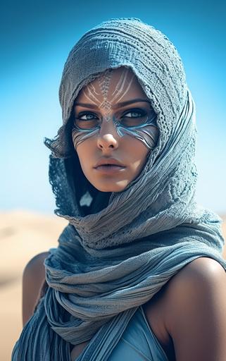 portrait of a naturally beautiful young alien women dressed in the fashion of Fremen with Fremkit in the style of Dune the desert planet, stunning blue eyes, intricate details, perfect anatomy, precise features, desert storm background, studio lighting, cinematic, world-class award-winning photography, black and white color grading, 8k --ar 5:8