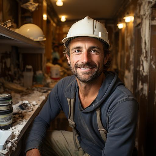 portrait of a proud carpenter with helmet, in a bathroom under construction --s 750