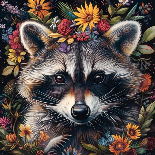 portrait of a raccoon in floral head wear, in the style of iconic album covers, airbrush art, holotone printing, imax, use of bright colors, indigenous motifs, wimmelbilder --v 6.0