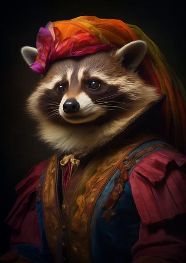 portrait of a raccoon, in the style of a renaissance painting, wearing human clothing, dressed as a peasant from the 19th century in rainbow LGBT colours, raccoon head on a human body --ar 357:500