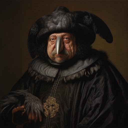 portrait of a raven man with some facial features of a wild boar and tusks, wearing a medieval mayor's robe and a large beret --v 5.2 --q 2
