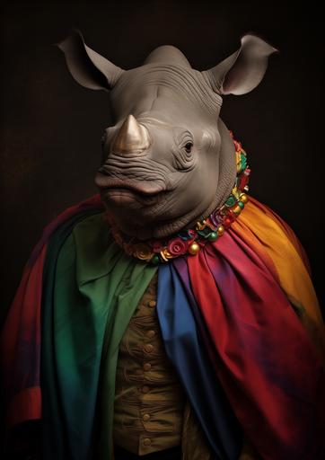 portrait of a rhino, in the style of a renaissance painting, wearing human clothing, dressed as a peasant from the 19th century in rainbow LGBT colours, rhino head on a human body --ar 357:500