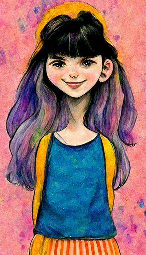portrait of a teenage girl cartoon bully designed by dr. Seuss, Maurice Sendak, and Edward Gorey, artstation, Lisa Frank, children’s illustration, watercolors and ink drawing, graphic novel --ar 9:16