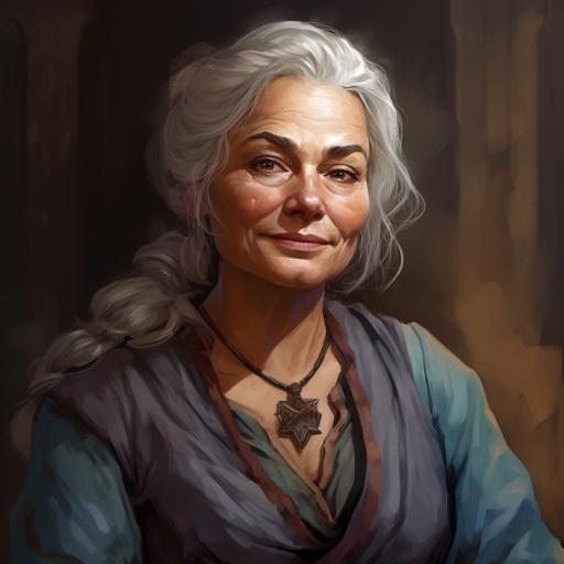 portrait of a woman, DnD character, medieval style, well over 60, gray hair tied in a braid, blue cloudy eyes, full good-natured face, wrinkles, tanned face, broad chin with wrinkles hanging down, pale lips, friendly old woman like the one in the book stands --ar 1:1