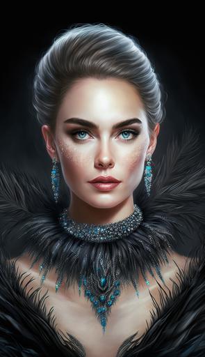 portrait of a woman wearing black sparkly dress, red lips, braided ling hair, big blue eyes, perfect figure, full body portrait, high-quality, detailed, dress covered in rhinestones and feathers, super realistic, beauty, 8k --v 4 --ar 9:16