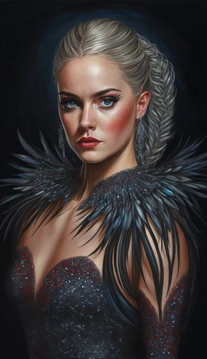 portrait of a woman wearing black sparkly dress, red lips, braided ling hair, big blue eyes, perfect figure, full body portrait, high-quality, detailed, dress covered in rhinestones and feathers, super realistic, beauty, 8k --v 4 --ar 9:16