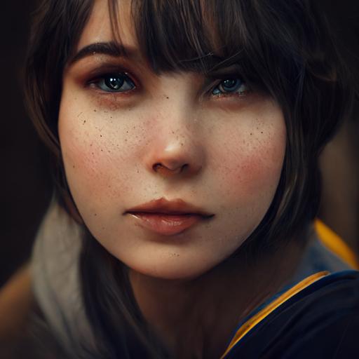 portrait of a young beautiful brunette girl with side swept bangs hugging her cat, lynx point siamese, highly detailed, photo realistic, 8K, octane render, unreal engine --q 2 --uplight