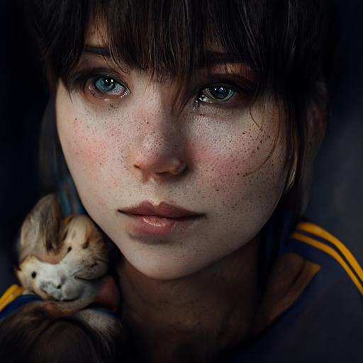 portrait of a young beautiful brunette girl with side swept bangs hugging her cat, lynx point siamese, highly detailed, photo realistic, 8K, octane render, unreal engine --q 2