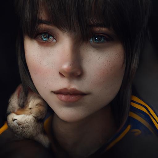 portrait of a young beautiful brunette girl with side swept bangs hugging her cat, lynx point siamese, highly detailed, photo realistic, 8K, octane render, unreal engine --q 2 --uplight