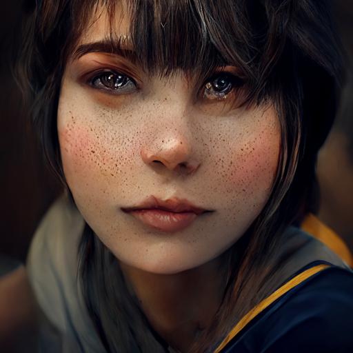 portrait of a young beautiful brunette girl with side swept bangs hugging her cat, lynx point siamese, highly detailed, photo realistic, 8K, octane render, unreal engine --q 2
