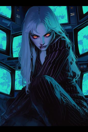 portrait of a young pale woman with ominous determined expression, dark light, glowing orange eyes, surrounded by 1980 atari retro computer monitors and computer hardware, engine room, ink lineart, horror, cyberpunk, rough ink liner sketch, NOISE, horror comic, long albino white hair, black and white striped prisoner pajama coat, close up, Mike Ploog, Sidney Sime, George Tooker --ar 2:3 --s 750 --niji 6