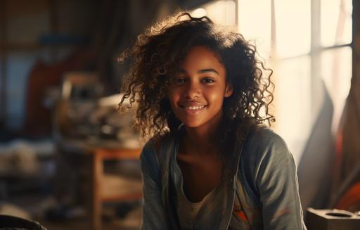 portrait of black teen woman with braces smiling, clothes tattered, alone in disheveled room, in the style of golden light, nikon d850, uhd image, free brushwork, soviet, --ar 64:41