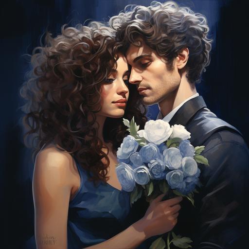 portrait of couple, blue colors, curly hair, bouquet
