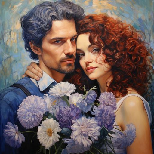 portrait of couple, blue colors, curly hair, bouquet