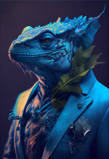 portrait of flamboyant modern abstract blue Chameleon, medium shot Bioluminescent blue neon chameleon, blue color chameleon, oil painting, by caravaggio, chiaroscuro, dreamy, futuristic suit outfit, ethereal, cinematic lighting, unreal engine, octane render --ar 2:3 --upbeta --q 2 --v 4