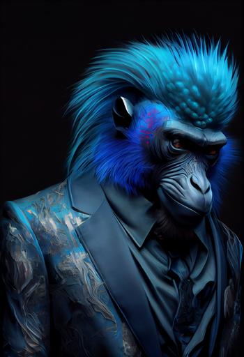 portrait of flamboyant modern abstract blue Mandrill, medium shot Bioluminescent blue neon Mandrill, blue color Mandrill, oil painting, by caravaggio, chiaroscuro, dreamy, eccentric suit outfit, ethereal, cinematic lighting, unreal engine, octane render --ar 2:3 --upbeta --q 2 --v 4