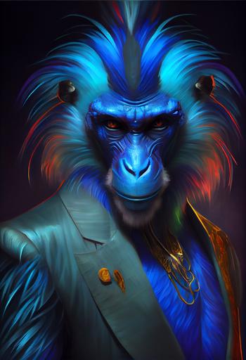 portrait of flamboyant modern abstract blue Mandrill, medium shot Bioluminescent blue neon Mandrill, blue color Mandrill, oil painting, by caravaggio, chiaroscuro, dreamy, eccentric suit outfit, ethereal, cinematic lighting, unreal engine, octane render --ar 2:3 --upbeta --q 2 --v 4