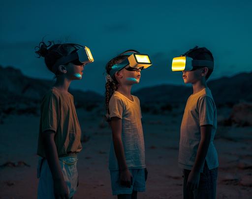 portrait of kids two boys and three girls with a virtual reality headset standing and talking with each other; they are communicatiung in a positive way and also moving quite a bit. in a dark desert landscape, in the style of dark teal and light yellow neon lights, philippe parreno, kodak vision3, industrial and technological subjects, low key dark lighting dark gray and amber, ue5, functional, symbol --ar 128:101 --v 6.0