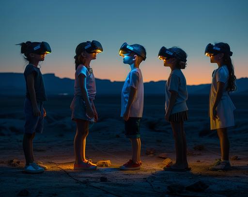 portrait of kids two boys and three girls with a virtual reality headset standing and talking with each other; they are communicatiung in a positive way and also moving quite a bit. in a dark desert landscape, in the style of dark teal and light yellow neon lights, philippe parreno, kodak vision3, industrial and technological subjects, low key dark lighting dark gray and amber, ue5, functional, symbol --ar 128:101 --v 6.0