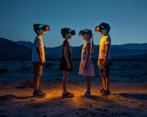 portrait of kids two boys and three girls with a virtual reality headset standing and talking with each other; they are communicatiung in a positive way and also moving quite a bit. in a dark desert landscape, in the style of dark teal and light yellow neon lights, philippe parreno, kodak vision3, industrial and technological subjects, low key dark lighting dark gray and amber, ue5, functional, symbol --ar 128:101 --v 6.0